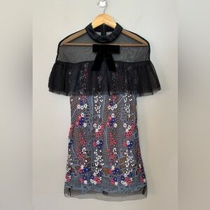 ZY Studio Women’s Floral Embroidered Dress with Black Tulle